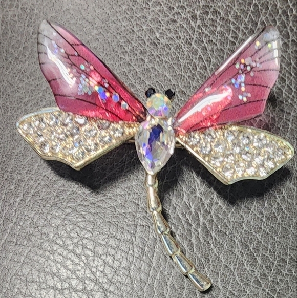 Pink & Silver Rhinestone Dragonfly Brooch - Picture 2 of 3